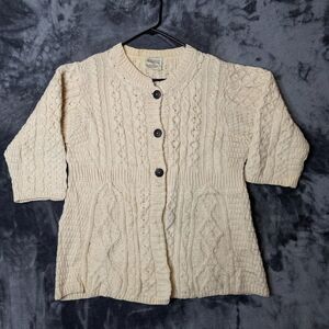 Kilronan Knit Wear Womens Cardigan Cable Crewneck Merino Wool Size Large Beige